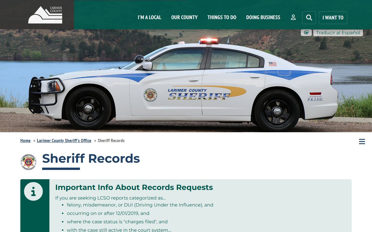 Larimer County Sheriff's Office records request page for jail and booking records